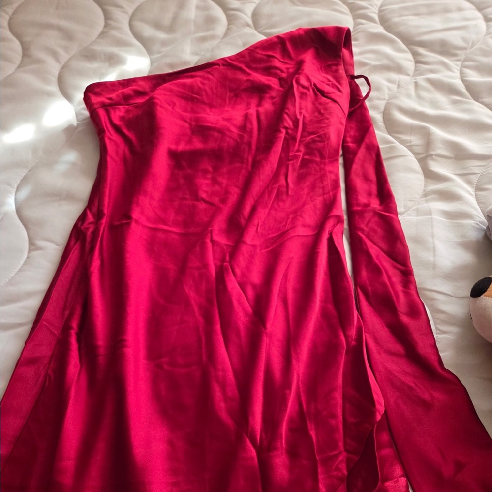 Altar'd State One-Shoulder Satin Dress in Vibrant Red